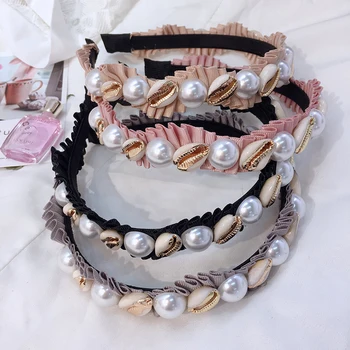 

New Korea Pearl Shell Hair Bands for Women Fold Fabric Bow Headband for Girls Flower Crown Hairband Hair Hoop Hair Accessories
