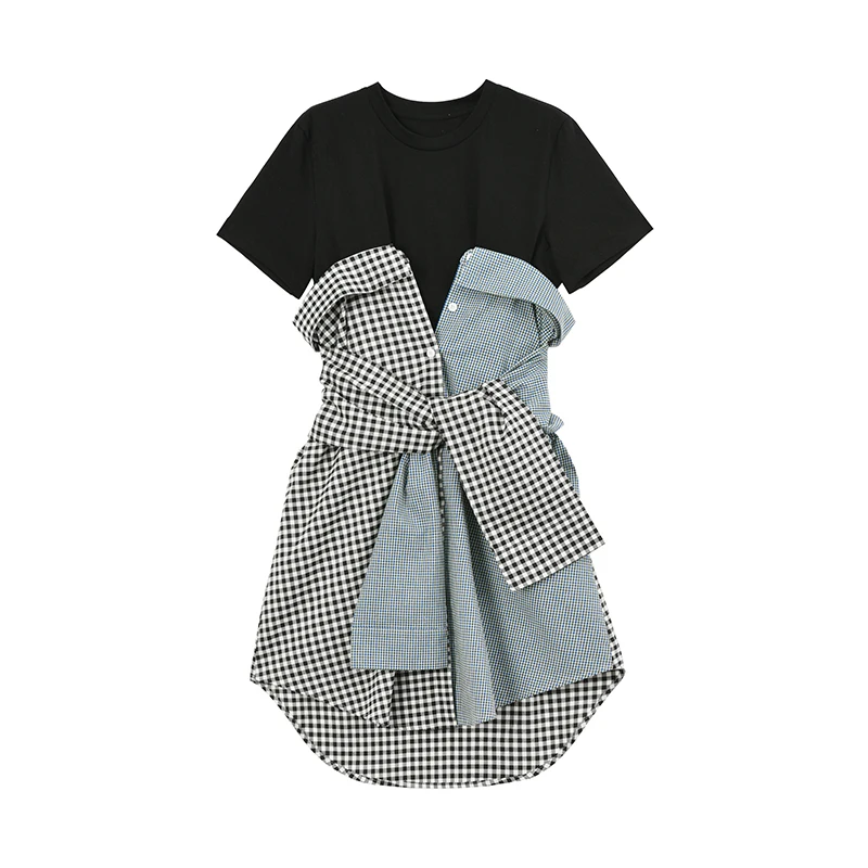 

2019 Spring and Summer Cotton Casual Dress Retro Plaid Splice Fake Two Irregular Dress Striped Sashes Short Sleeve Dress