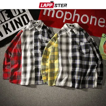 

LAPPSTER Men Plaid Pathwork Harajuku Shirts 2020 Mens Korean Fashions Long Sleeve Shirts Streetwear Hip Hop Color Block Shirt