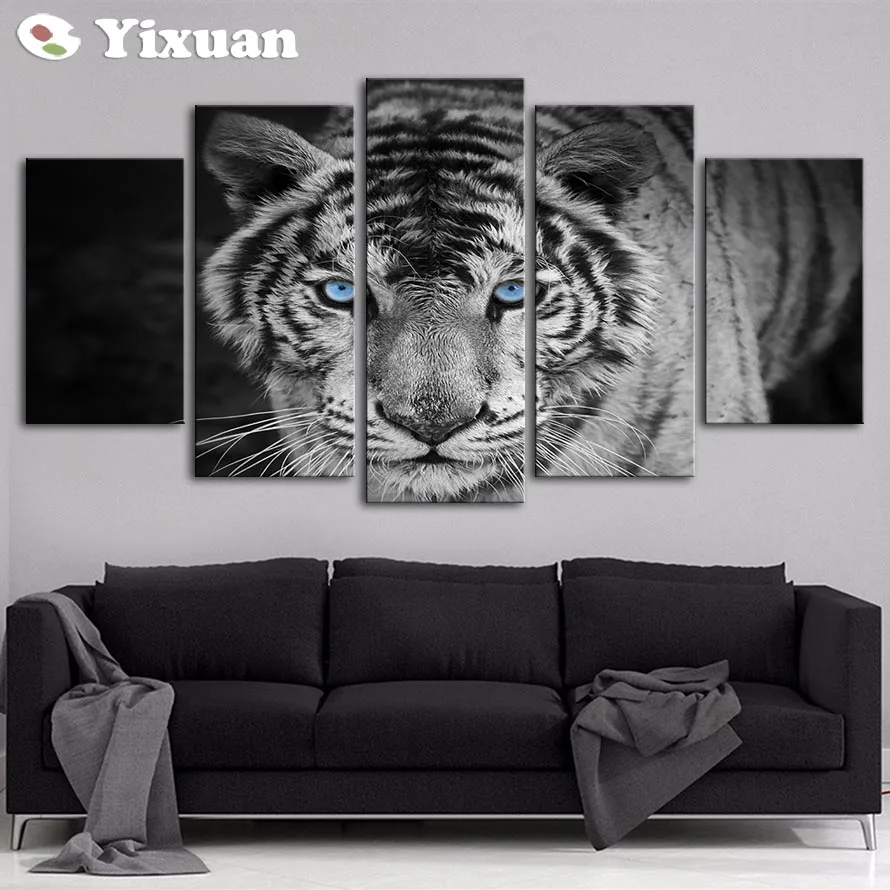 5 Panels Blue Eyes White Tiger Modern Wall Art For Decor Home 5 Panels Blue Eyes White Tiger Modern Wall Art For Decor Home Decoration Picture Paint On Canvas Prints Painting Framed In Calligraphy