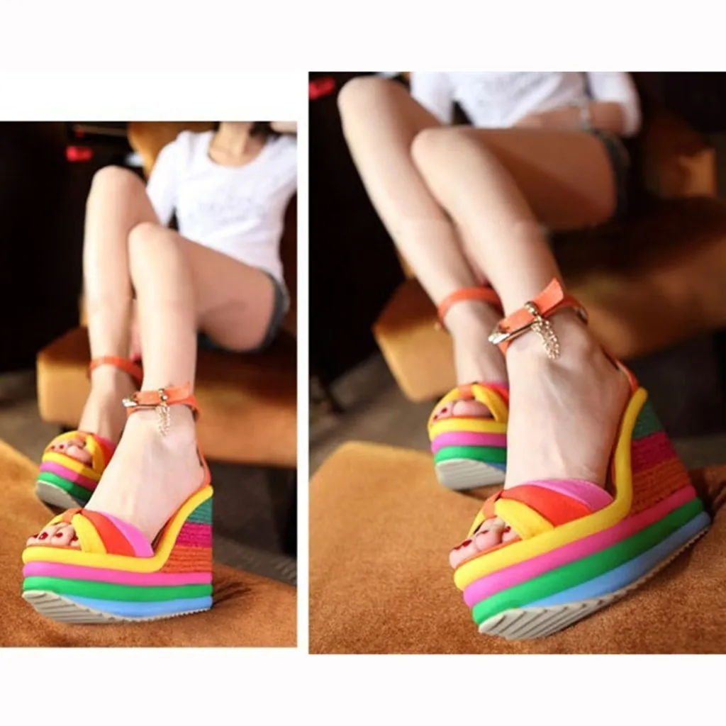 Летние очень высокий каблук Для женщин женские туфли на танкетке/высоком многоцветный лоскутный сандалии открытый носок «рюмочках»; Женская обувь в романском стиле сандали женские#629 г
