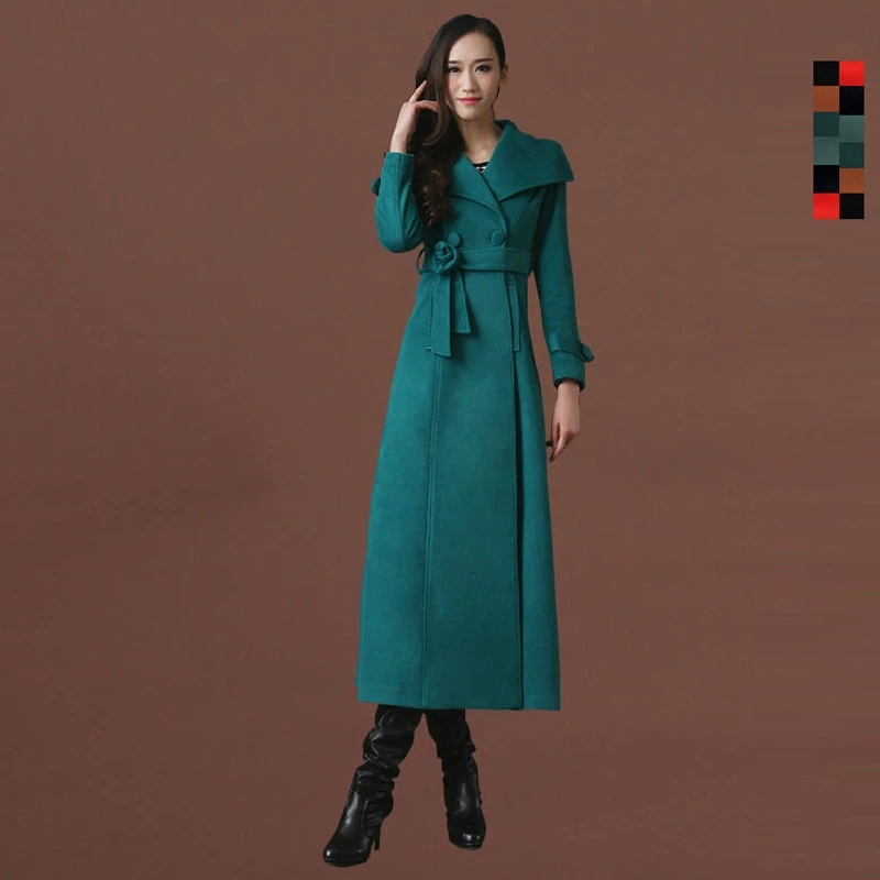 Осень-зима Для женщин супер длинный ремень твердые тонкие кашемировые пальто женские элегантные шерстяные пальто, женская верхняя одежда, S-XXXL D023 - Цвет: blue green