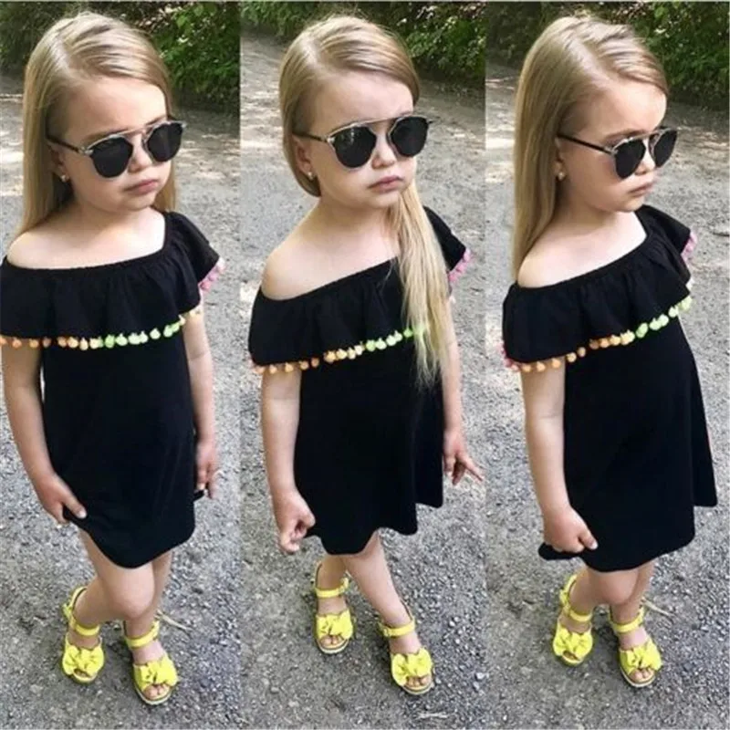 Летнее платье с открытыми плечами для маленьких девочек; модное мини-платье с радужными кисточками для маленьких девочек; милое платье принцессы для девочек