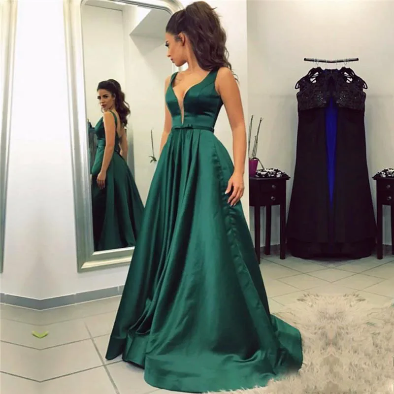 Abendkleider Длинные платья для выпускного вечера с глубоким v-образным вырезом, зеленые атласные недорогие Вечерние платья на заказ, вечернее платье с коротким шлейфом