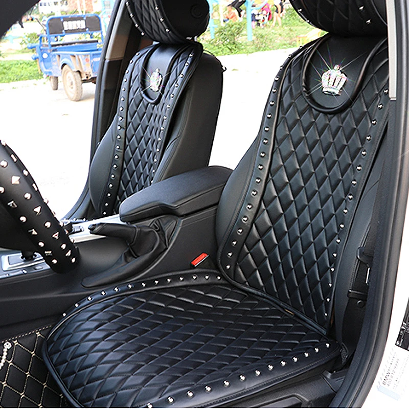 Leather Car Seat Cover Diamond Crown Rivets Auto Seat Cushion font b Interior b font Accessories
