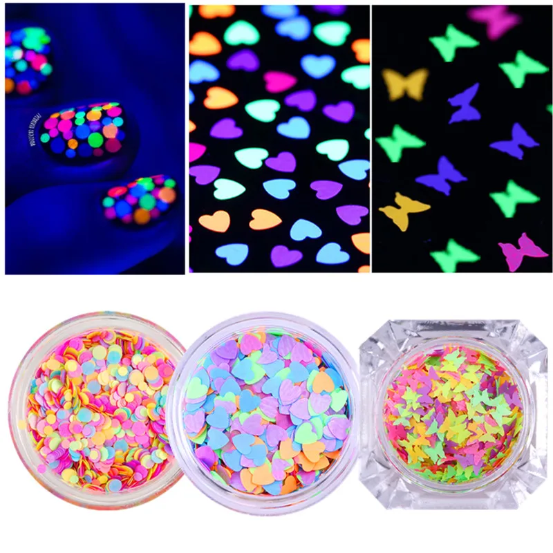 

Fluorescent Glitter Nail Sequins Butterfly Mini Round Ultra-thin Nail Paillette Colorful Heart Shape Nail Flakes UV Nail Gel