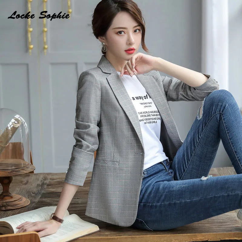 1pcs Women's Plus size Blazers coats 2019 Summer cotton blend plaid Long sleeves Small Suits jackets ladies Skinny Blazers Suit