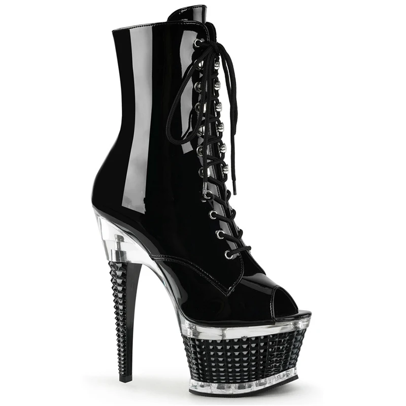 Ботинки; женская обувь на платформе; ботильоны на высоком каблуке 16 см; черные блестящие кожаные ботинки на молнии со шнуровкой; Fenty Beauty; женская обувь