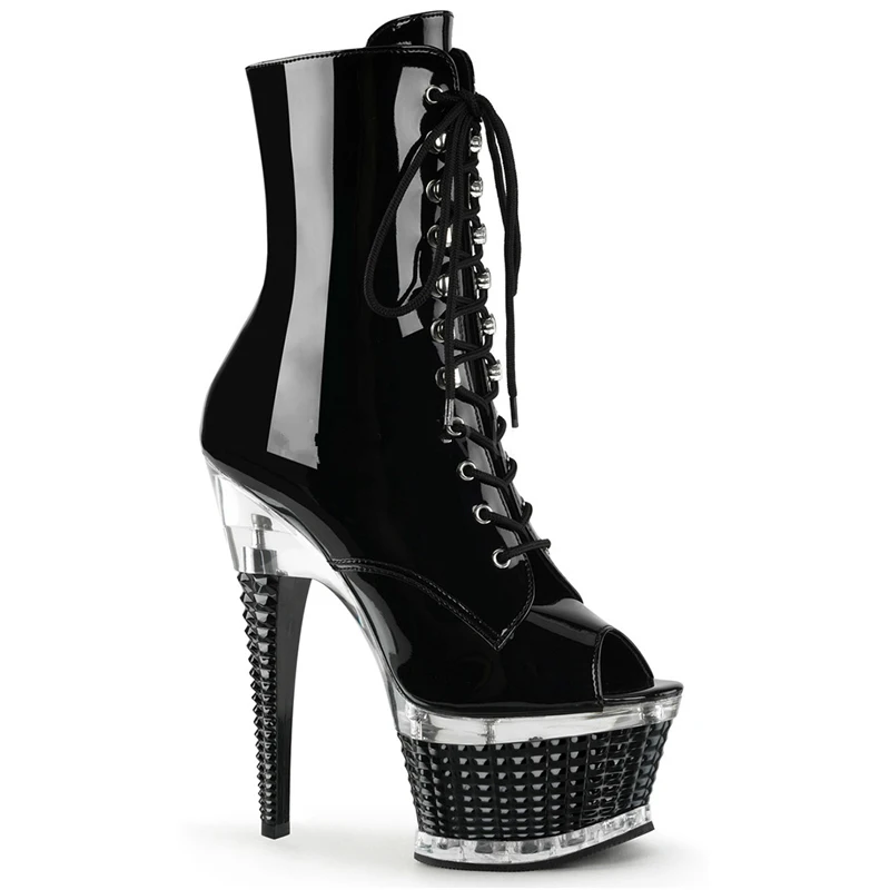 Boots Women Shoes Platform 16cm High Heels Ankle Boots Black Lace Up Zipper Glossy Leather Fenty Beauty  Boots Ladies Shoes