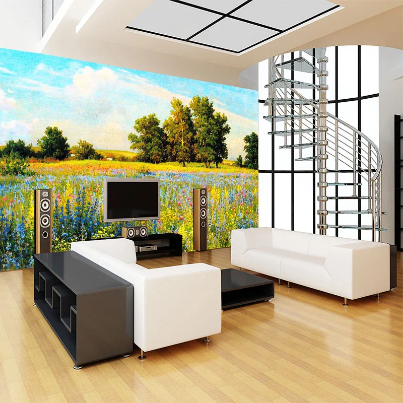 Индивидуальные Настенные обои 3D Ручная роспись пейзаж с цветами травы деревья за ТВ диван кровать как фон в гостиной