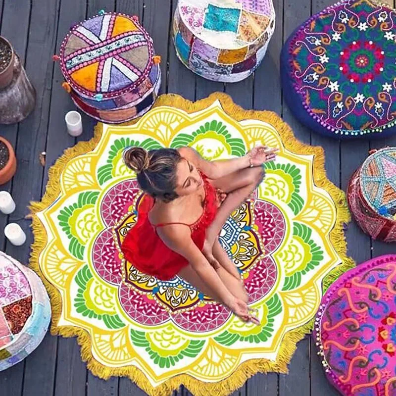 

Pattern Seaside Vacation Camping Mat Mandala Tassel Large Polyester Lotus Printed Round Beach Towel Elephant Dream Catcher New