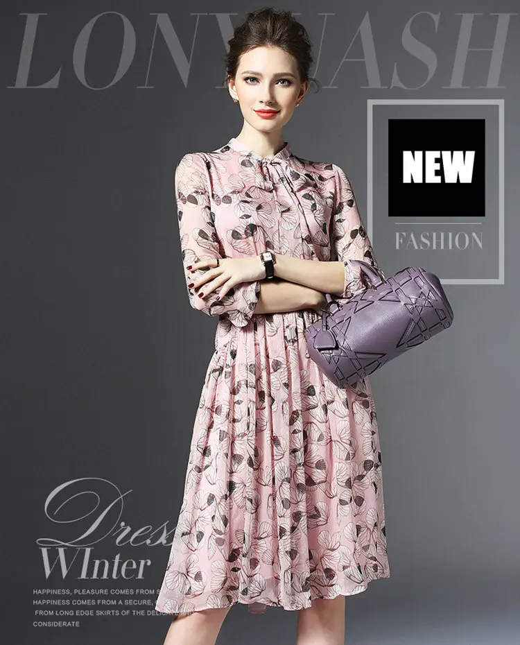 New Autumn Dress Women Butterfly Print Dress Robe Femme Casual Long Sleeve Women Dresses Bow Chiffon Vestidos Mujer 2019 (2)