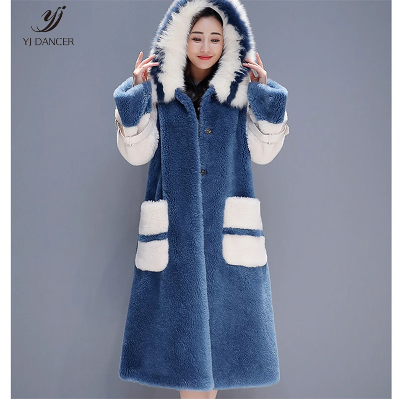 

Fur Coat Female 2019 Winter Fashion New Loose Hooded Fur Collar Color Matching Faux Fur Long Sleeve Temperament Coat H00379