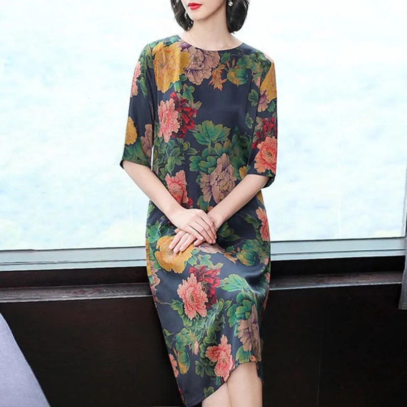 

Loose Style Women Spring Summer Loose Dresses Lady Casual Half Sleeve Flower Printed Dress Vestidos SS077