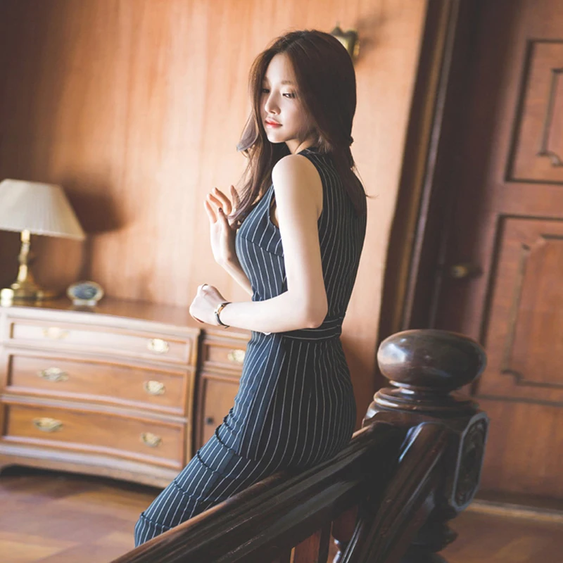 Striped Office Lady Work Dress Women Sleeveless Slim Sexy Summer Autumn Packaged Hip Elegant Fashion Vestido Mujer