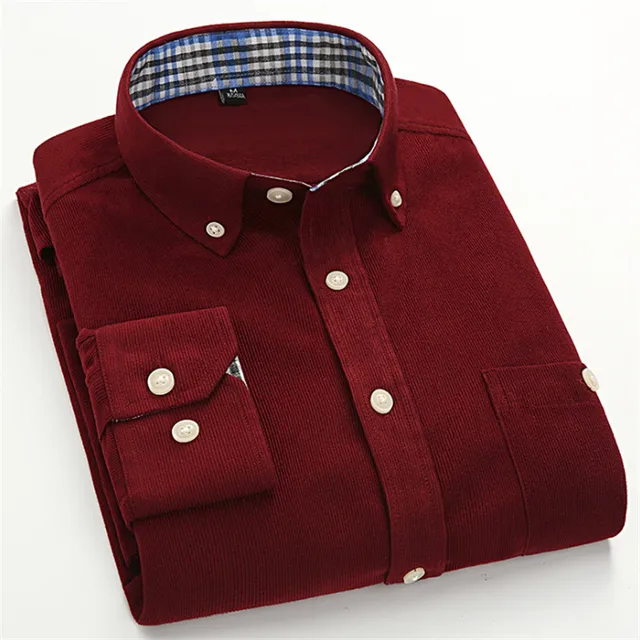 100 cotton corduroy mens dress shirts solid color Long Sleeve vintage