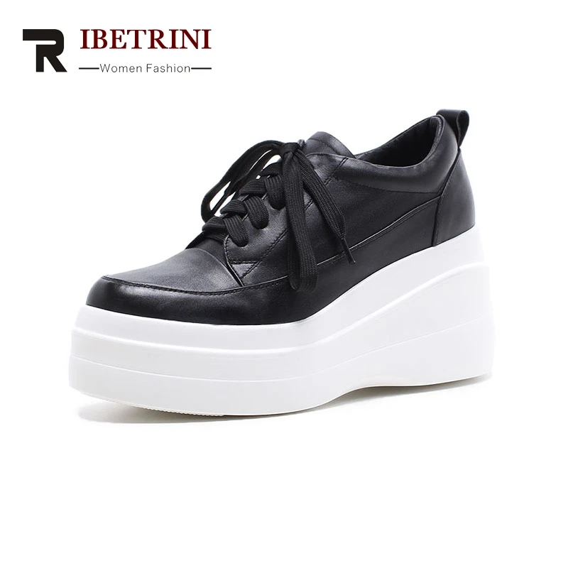 

RIBETRINI 2019 Top Quality Solid Cow Genuine Leather Shoes Woman Lace Up Wedges Platform Women Leisure Round Toe Flats