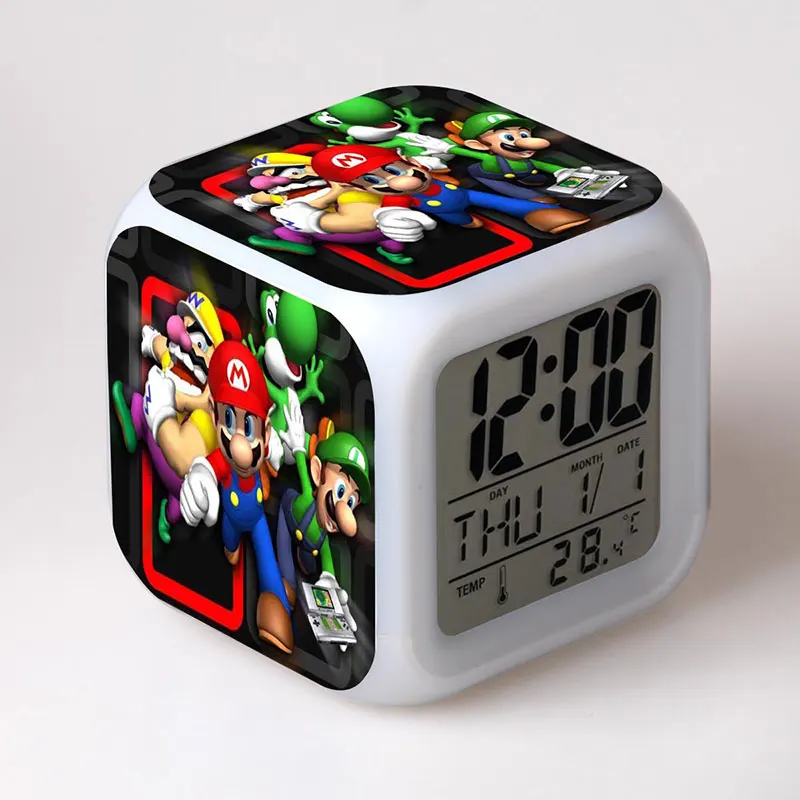 Аниме фигурки Super Mario Bros кукольные часы будильник светодиодный цветной светильник термометр Марио Йоши Фигурки игрушки для детей - Цвет: 17