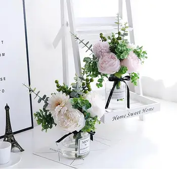 

Modern Glass Vase+Artificial Flower Set Decor Home Furnishing Decoration Crafts Office Livingroom Silk Fake Flower Pot Ornaments