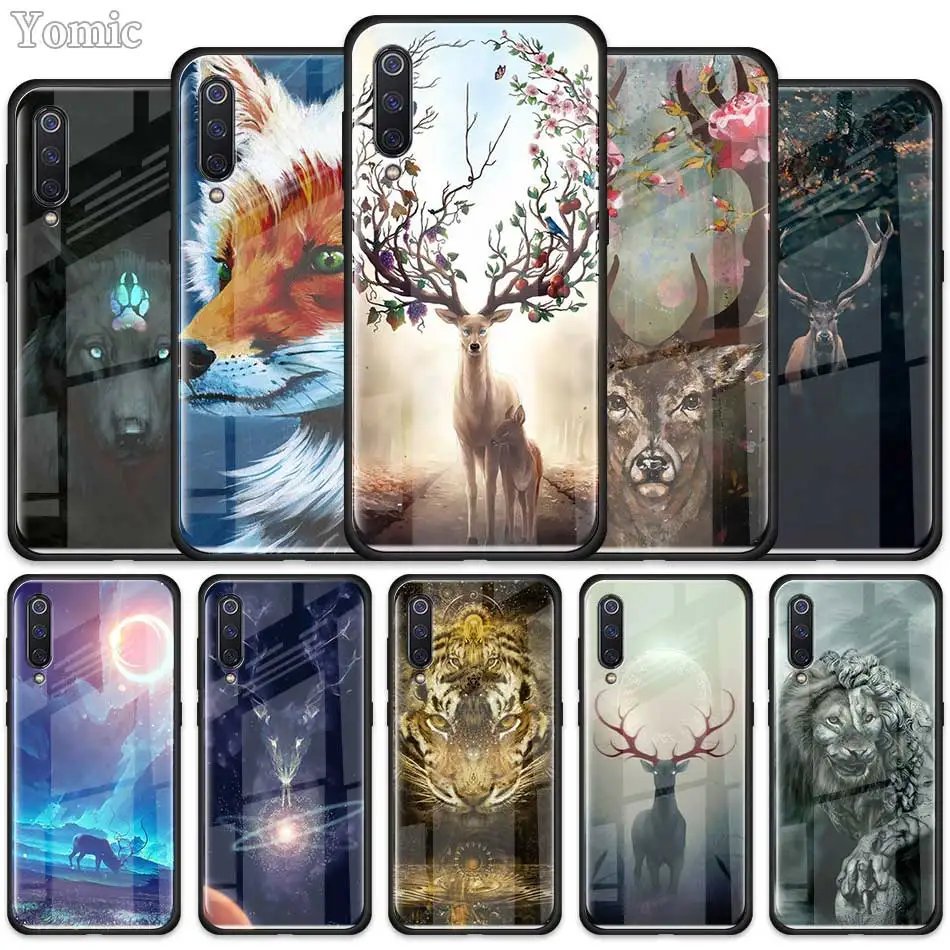 

Animal deer lion Art Tempered Glass Case for Xiaomi Redmi Note 7 6 Pro K20 Pro Redmi 7 Mi 9 Cell Mobile Phone Cases Cover Coque
