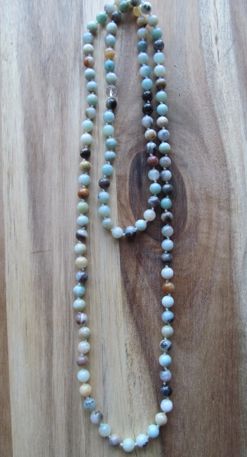 No Tassel Amazonite 108 Mala Bead Necklace Hand Knotted