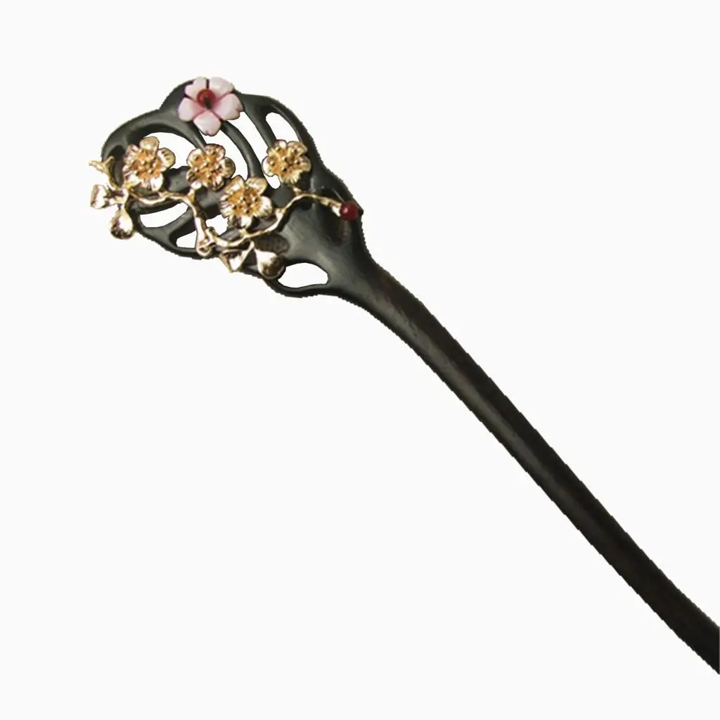 Hand Carved Ebony Hair Stick Shell Flower Sticks Brass Chinese Style