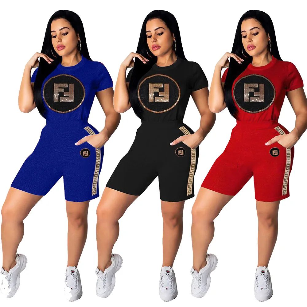 

2019 summer new women's retro sportswear sequins letters short-sleeved T-shirt tops casual sports shorts 2 pieces fashion set