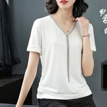 Европейский стиль; Новинка; в стиле Лето Для женщин высокое уличный стиль свободные сексуальные V образным вырезом Короткие рукава, с бисером из модифицированного вискозного волокна T рубашка, топы женские элегантные детские футболки