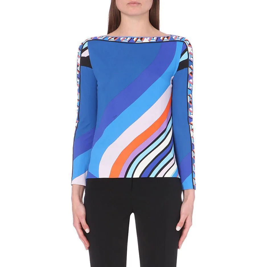 

The European women's fashion show fashionable bright printed beautiful slach neck elastic thin silk jersey