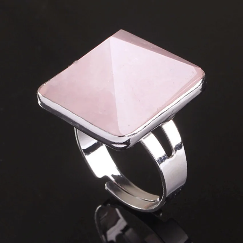 

FYJS Silver Plated Square Pyramid Resizable Natural Rose Pink Quartz Engagement Ring For Women Jewelry