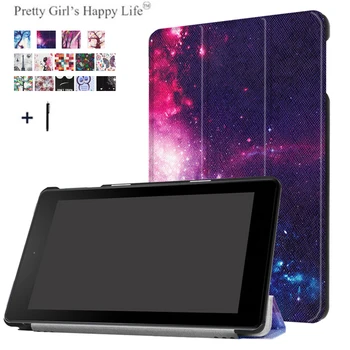 

Flip Leather Case for Fire Amazon Fire HD 8 2017 Print Smart Tablet Stand Capa Fundas Cover+Stylus