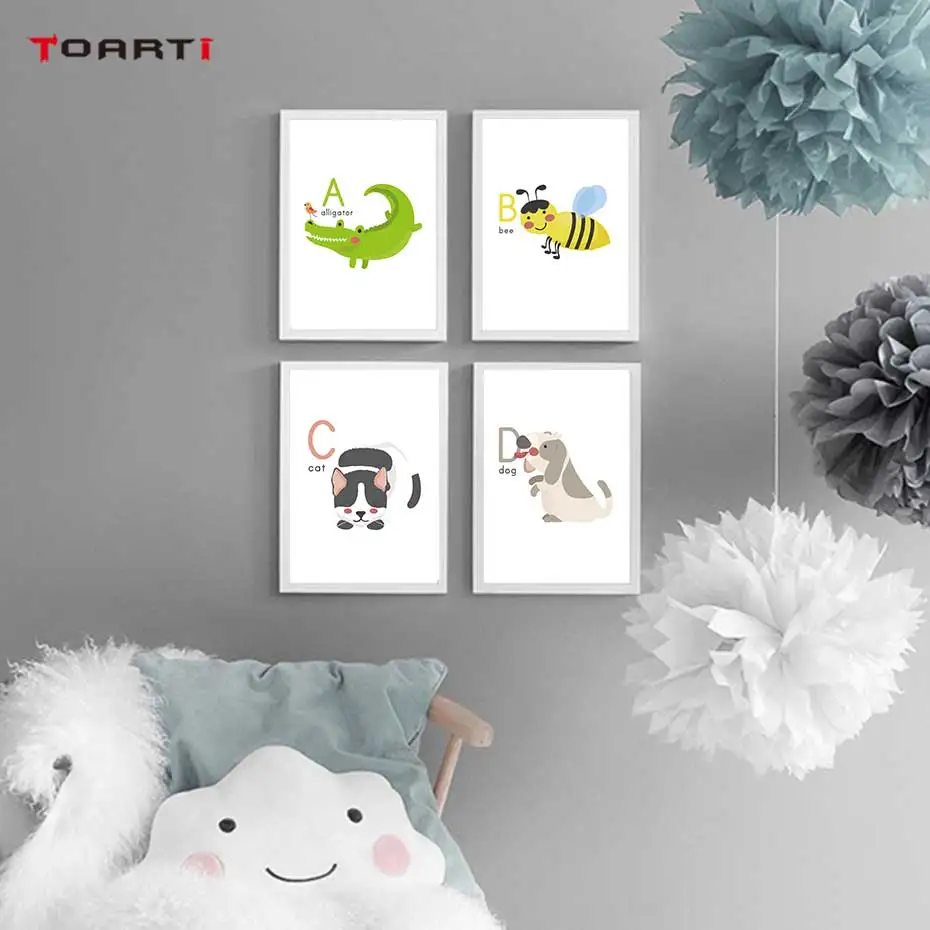 Cartoon Animals Alphabet Prints Posters Alligator Bee Canvas Painting On The Wall Colorful Art Pictures Kids Bedroom Home Decor (5)