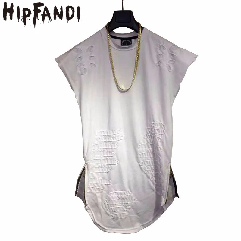 

HIPFANDI Newest 2019 Mens Curved Hem Ripped Tee Shirts Fashion Destroyed Extended Zipper T Shirt Streetwear Longline T Shirts