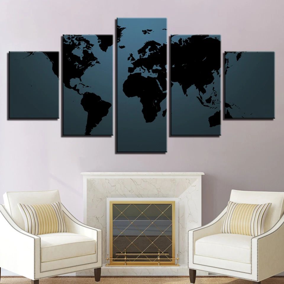 

Canvas Painting Modern Cuadros Decorative Wall Art 5 Pieces Black World Map Modular Picture Posters Living Room Frameworks YJG