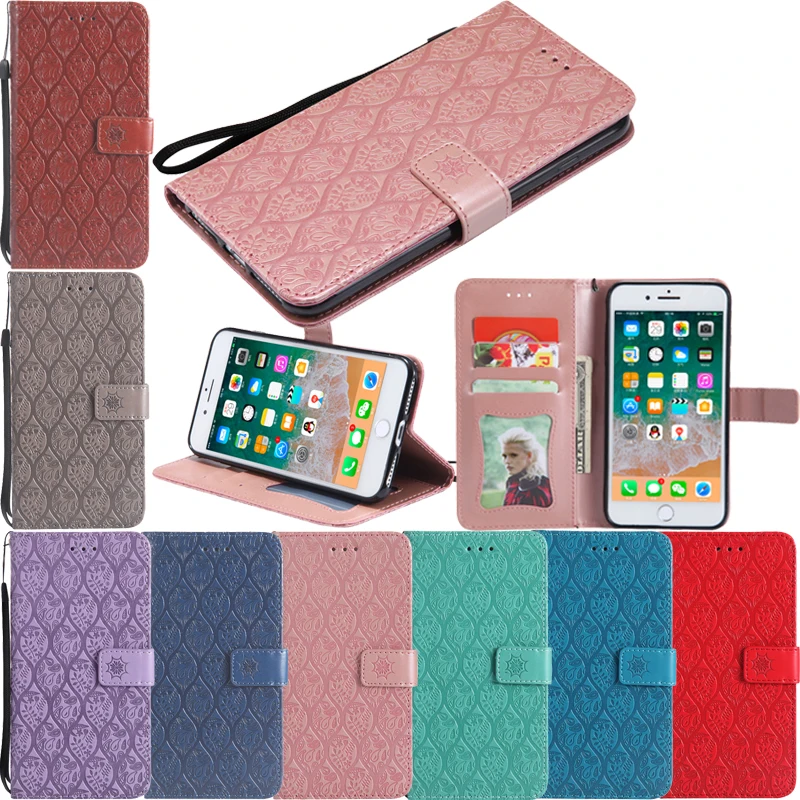 

PU Leather Flip Wallet Embossed Vine Soft Phone Silicone Case Cover Shell Coque for Apple iPhone 5 5S SE 6 6G 6S 7 8 Plus X XS