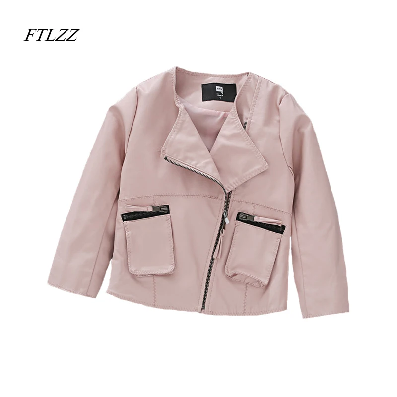 

FTLZZ 2019 Spring Autumn Girl Children Jacket Coat Fashion O Neck Long Sleeve For 2-7 Yrs Children Pu Black Pink Jacket Coat