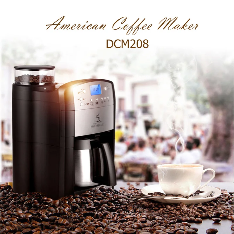 

DCM-208 Fully Automatic Coffee Machine Household American Drip Coffee Maker 220V Upper Coffee Grinder 1000W 10 Cups Capacity