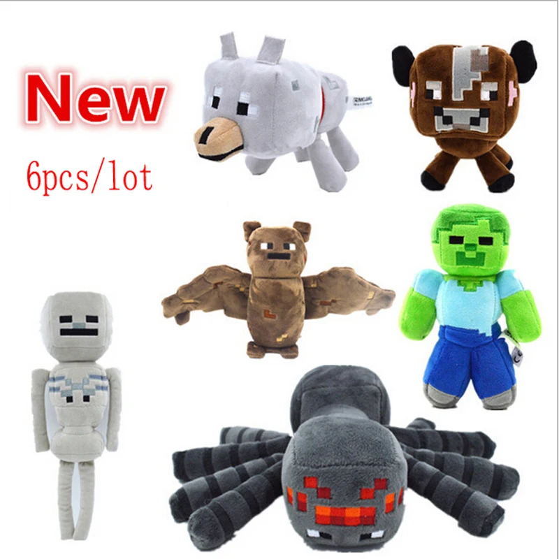 6pcs/lot Minecraft Plush Toys Set Minecraft Steve Zombie Wolf Spider Bat Cow Skeleton Plush Stuffed Toys Doll for Kids Xmas Gift