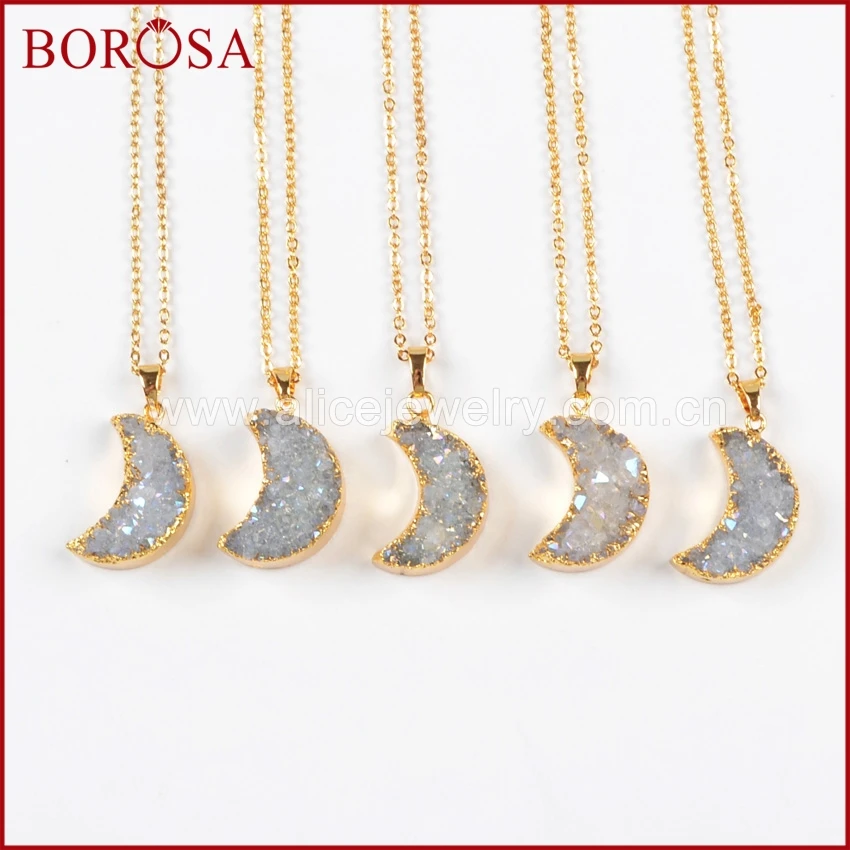BOROSA 5 шт. золотые цвета в форме Луны Кристалл Друза кулон ожерелья Агаты Drusy AB для