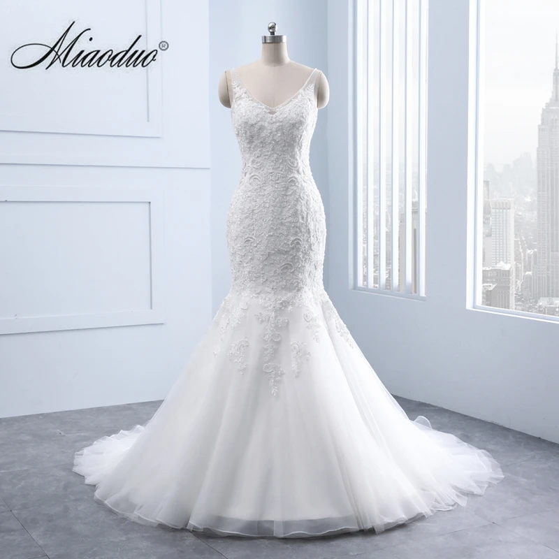 

Miaoduo Elegant V-neck Backless Appliques Lace Pearls Mermaid Wedding Dresses real White Bridal Gown vestido de noiva brautkleid