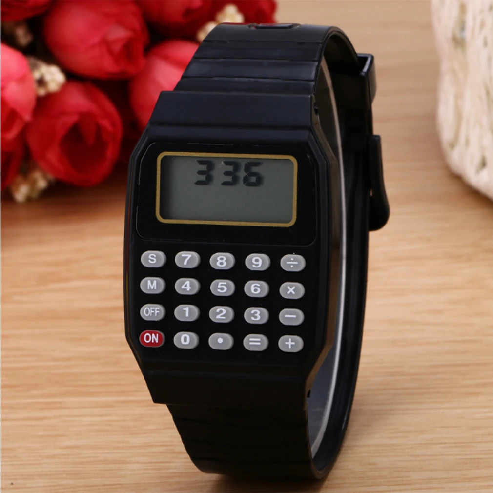 

OUTAD Practical Children Calculator Digital Watch Black Color Silicone Comfortable Wear Calculator Wrist Watch