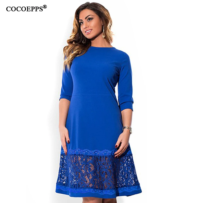 COCOEPPS L-6XL, Элегантное синее женское платье больших размеров, осенние свободные платья с круглым вырезом размера плюс, платье до колен, Черное Красное Повседневное платье