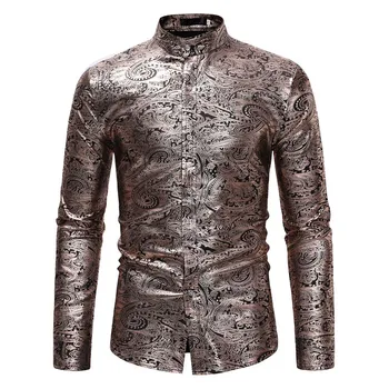 

Luxury Gold Paisley Bronzing Men Shirt 2018 Brand New Mandarin Collar Long Sleeve Social Dress Shirt for Business Man Chemise