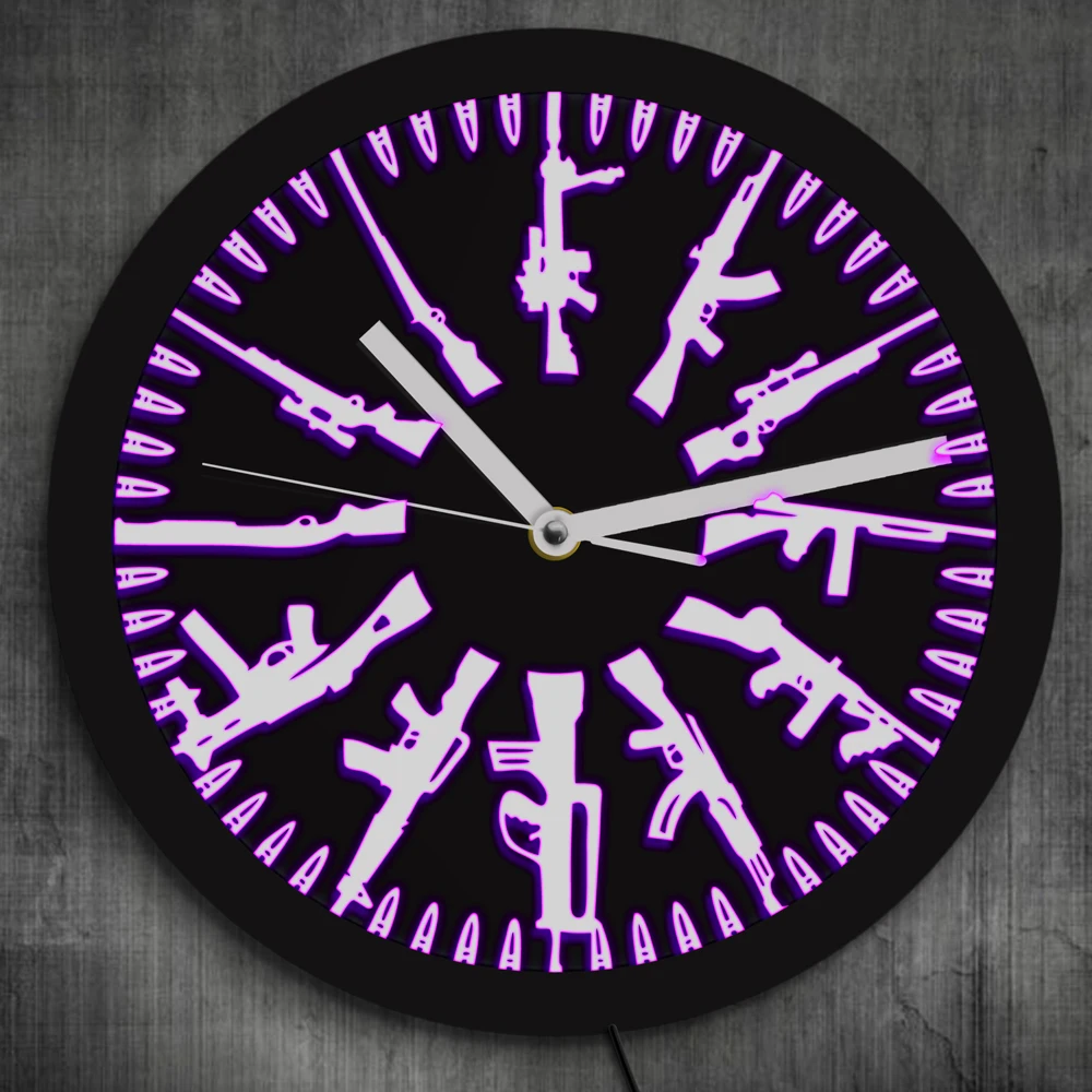 Gun and Bullets LED Neon Sign Wall Clock Vintage Guns Family Design