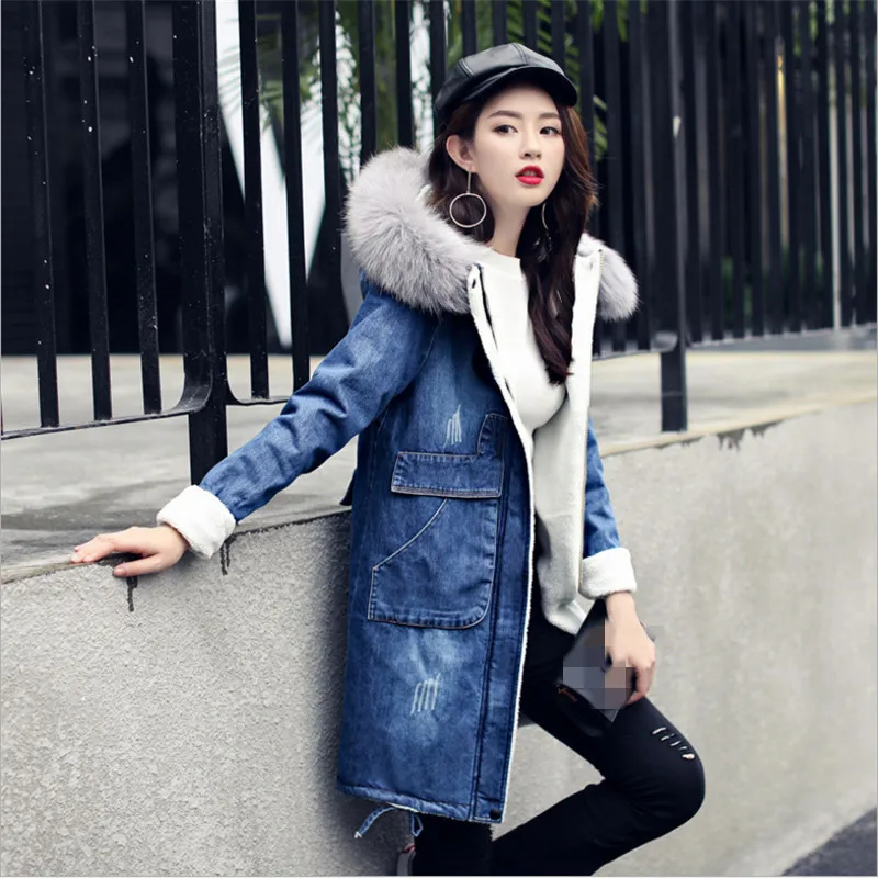 Winter New Fox Fur Collar Blend Women Casual loose Lamb Wool Denim Overcoat Female Warm Zipper Outwear Plus Size 4XL A4013