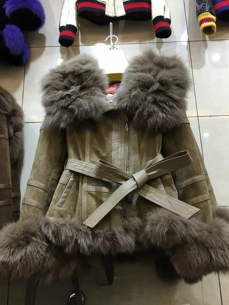 Женская Шуба натуральная женская кожаная куртка с натуральным лисьим меховым воротником теплая зимняя размера плюс ветровка