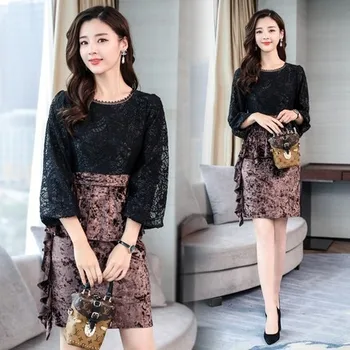 

Lace Stitching A-line Dress For Women Ukraine Vogue Patchwork Dress Elegant Vestido De Festa Office Lady The Dress Vestidos