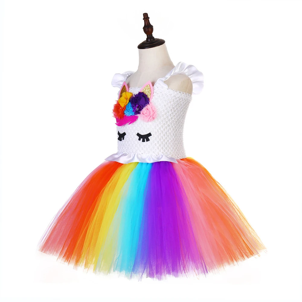 Bright Rainbow Pony Unicorn Birthday Dress for Teens White Ruffles Wedding Girls Dress 12 Age Unicorn Pattern Girls Tutu Dress (5)