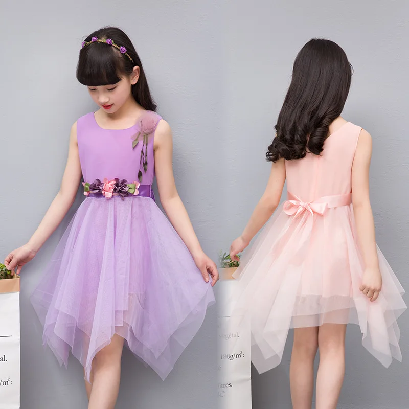 Детские праздничные платья принцессы для девочек, сарафан без рукавов, асимметричное свадебное платье, летнее платье с цветочным принтом для танцев