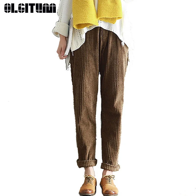 

New 2019 Spring Women Waist Loose Feet Pants Corduroy Nine Pants Large Size Pants Casual Pants PT201